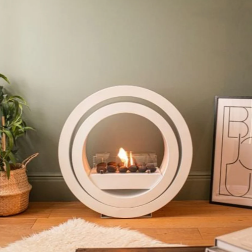 Imagin Fires Globus White Bioethanol Fire.  A Freestanding bioethanol fire with a gorgeous contemporary circular design and no flue required at The Stove House Ltd. West Sussex.