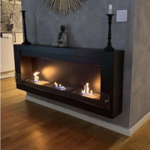 Large Wall-Mounted Bioethanol Fireplace - Black. 3 outstanding burners, providing up to 4 kW of heat. No chimney or vent required, at The Stove House Ltd., West Sussex.