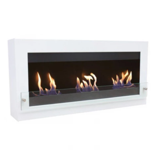 Large Wall-Mounted Bioethanol Fireplace - White. 3 outstanding burners, providing up to 4 kW of heat. No chimney or vent required, at The Stove House Ltd., West Sussex.