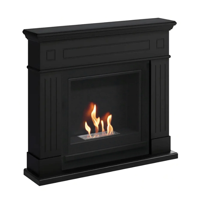 Larsen Bioethanol Fireplace Suite - Black. A modern bioethanol fireplace in classic black finish that requires no chimney, perfect for apartments or homes without a fireplace, at The Stove House Ltd. West Sussex