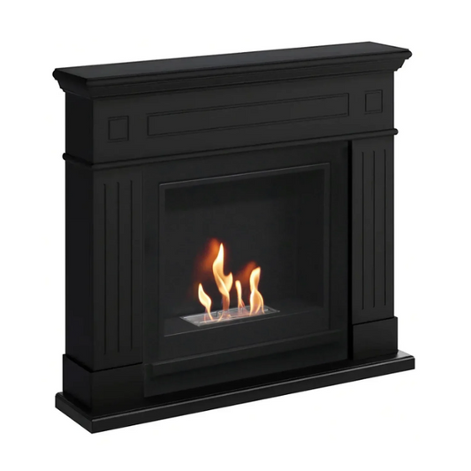 Larsen Bioethanol Fireplace Suite - Black. A modern bioethanol fireplace in classic black finish that requires no chimney, perfect for apartments or homes without a fireplace, at The Stove House Ltd. West Sussex