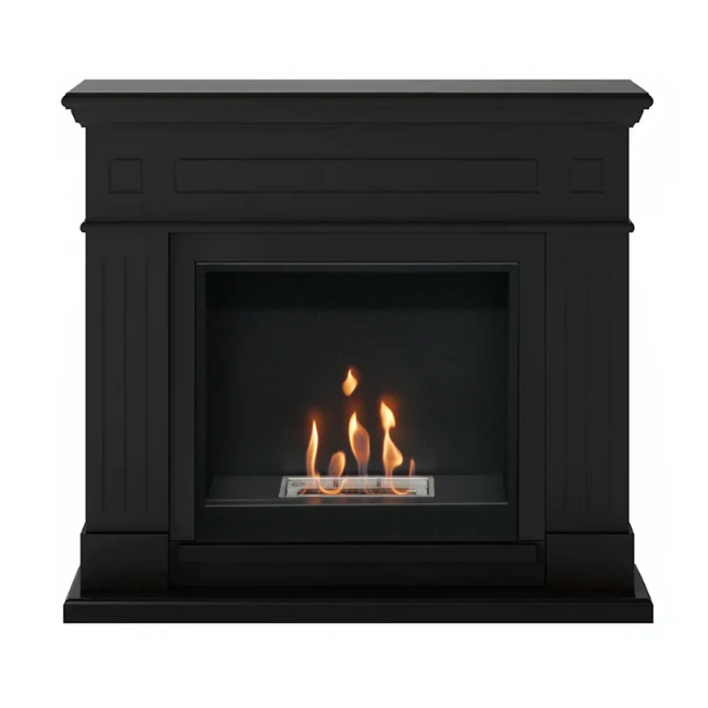 Larsen Bioethanol Fireplace Suite - Black. A modern bioethanol fireplace in classic black finish that requires no chimney, perfect for apartments or homes without a fireplace, at The Stove House Ltd. West Sussex