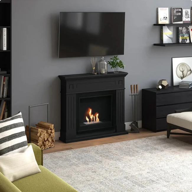 Larsen Bioethanol Fireplace Suite - Black. A modern bioethanol fireplace in classic black finish that requires no chimney, perfect for apartments or homes without a fireplace, at The Stove House Ltd. West Sussex