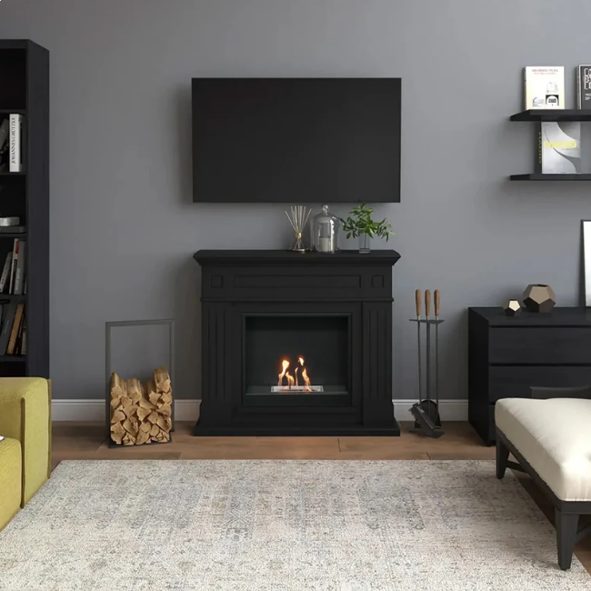 Larsen Bioethanol Fireplace Suite - Black. A modern bioethanol fireplace in classic black finish that requires no chimney, perfect for apartments or homes without a fireplace, at The Stove House Ltd. West Sussex