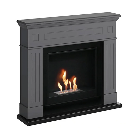 Larsen Bioethanol Fireplace Suite - Grey. A modern bioethanol fireplace in classic grey finish that requires no chimney, perfect for apartments or homes without a fireplace, at The Stove House Ltd. West Sussex
