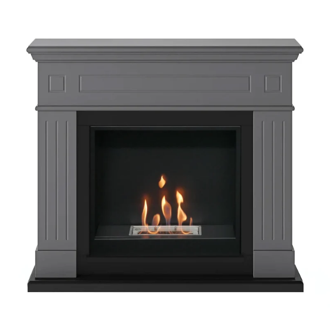 Larsen Bioethanol Fireplace Suite - Grey. A modern bioethanol fireplace in classic grey finish that requires no chimney, perfect for apartments or homes without a fireplace, at The Stove House Ltd. West Sussex