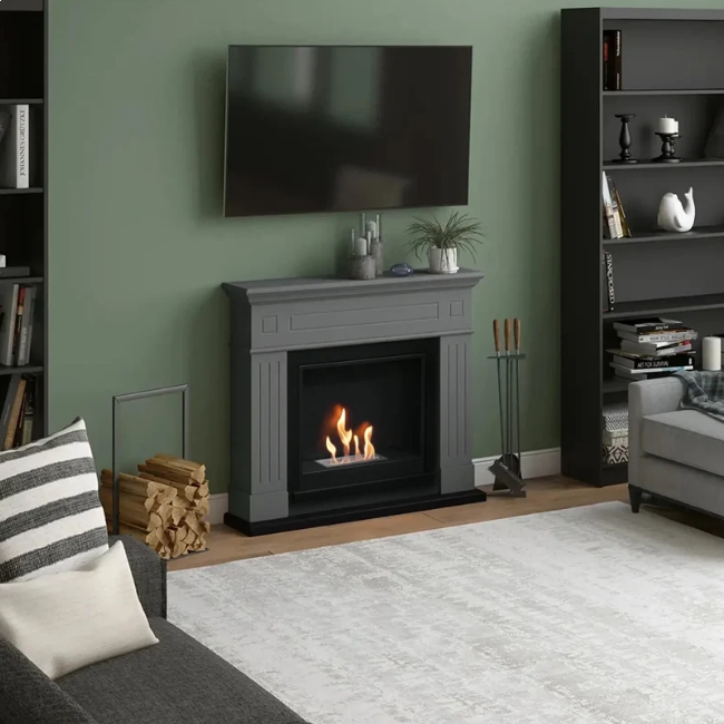 Larsen Bioethanol Fireplace Suite - Grey. A modern bioethanol fireplace in classic grey finish that requires no chimney, perfect for apartments or homes without a fireplace, at The Stove House Ltd. West Sussex