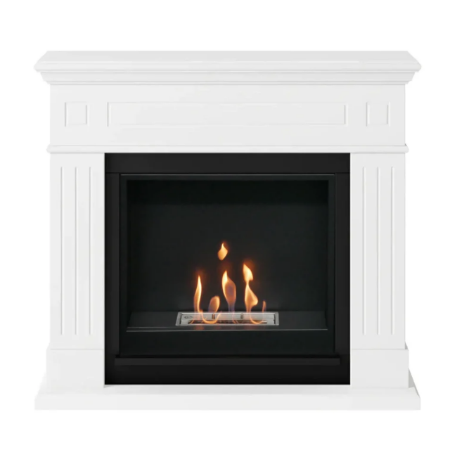 Larsen Bioethanol Fireplace Suite - White. A modern bioethanol fireplace in classic white finish that requires no chimney, perfect for apartments or homes without a fireplace, at The Stove House Ltd. West Sussex