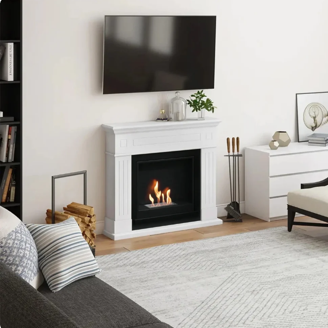 Larsen Bioethanol Fireplace Suite - White. A modern bioethanol fireplace in classic white finish that requires no chimney, perfect for apartments or homes without a fireplace, at The Stove House Ltd. West Sussex