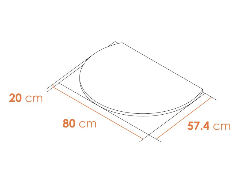 A simple line drawing of a rounded rectangular product on a white background with orange dimension labels reading 20 cm, 80 cm, and 57.4 cm.