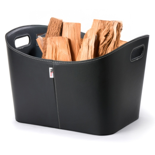 Leather Firewood Basket 55 cm x 40 cm x 35 cm.  Elegant firewood basket in imitated black leather with an eye-catching look at The Stove House Ltd. West Sussex.