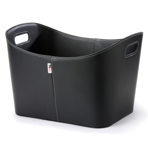 Leather Firewood Basket 55 cm x 40 cm x 35 cm.  Elegant firewood basket in imitated black leather with an eye-catching look at The Stove House Ltd. West Sussex.