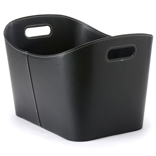 Leather Firewood Basket 55 cm x 40 cm x 35 cm.  Elegant firewood basket in imitated black leather with an eye-catching look at The Stove House Ltd. West Sussex.