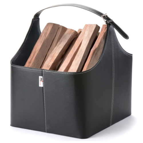 Leather Firewood Basket with Handle 44 cm x 35 cm x 50 cm.  Elegant firewood basket in imitated leather with an eye-catching look at The Stove House Ltd. West Sussex.