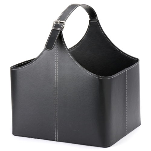 Leather Firewood Basket with Handle 44 cm x 35 cm x 50 cm.  Elegant firewood basket in imitated leather with an eye-catching look at The Stove House Ltd. West Sussex.
