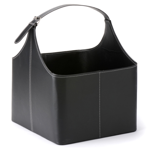 Leather Firewood Basket with Handle 44 cm x 35 cm x 50 cm.  Elegant firewood basket in imitated leather with an eye-catching look at The Stove House Ltd. West Sussex.