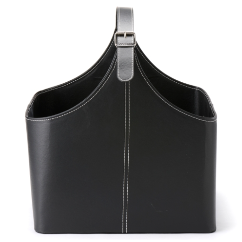 Leather Firewood Basket with Handle 44 cm x 35 cm x 50 cm.  Elegant firewood basket in imitated leather with an eye-catching look at The Stove House Ltd. West Sussex.