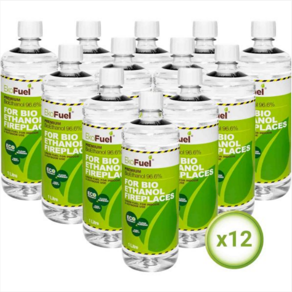 Low Odour Bioethanol Fuel - 12 x 1 Ltr Bottles. 96.6% premium bioethanol fuel at The Stove House Ltd. West Sussex.