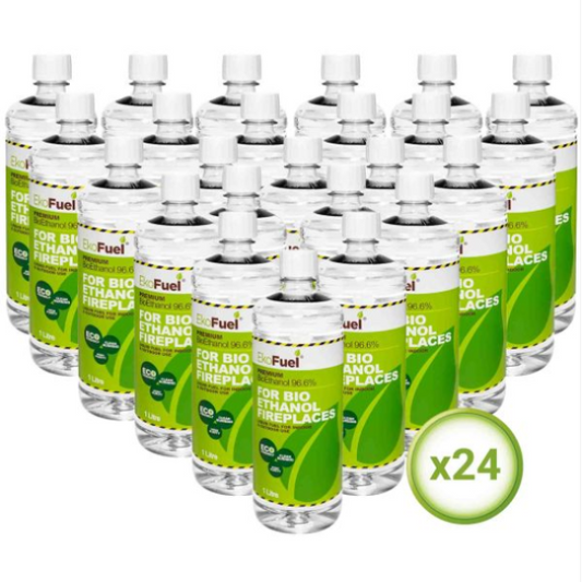 Low Odour Bioethanol Fuel - 24 x 1 Ltr Bottles. 96.6% premium bioethanol fuel at The Stove House Ltd. West Sussex.