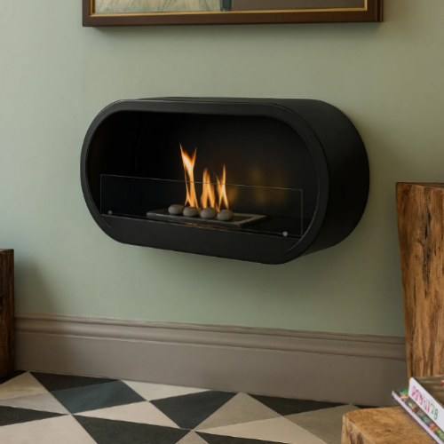 Marlow Black Wall-Mounted Bioethanol Fire at The Stove House Ltd. West Sussex.