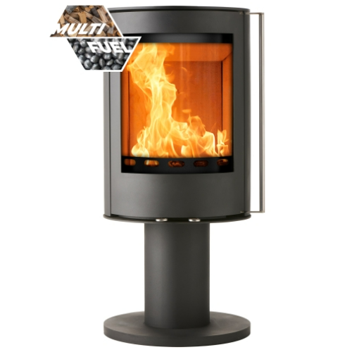 Mi-Fires FireBlossom on Pedestal, 5kW - ECODesign 2022 Multi Fuel Stove. 86.1% Efficiency, A+ Energy Rating, Smoke Control Area Exempt at The Stove House Ltd. West Sussex.