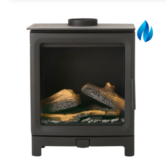 Mi-Fires Gas FireCracker - Large. A natural gas stove with a clean, understated design and a nominal heat output of 4.8 kW, at The Stove House Ltd. West Sussex.