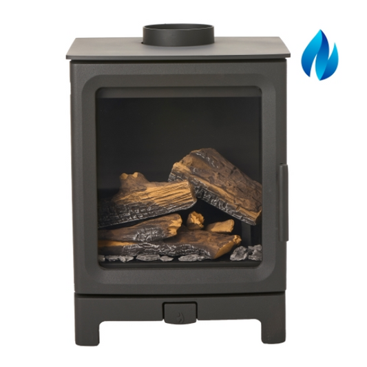 Mi-Fires Gas FireCracker - Medium. A clean, understated appearance with the convenience of natural gas.  Compact 4.8kW gas stove at The Stove House Ltd. West Sussex.