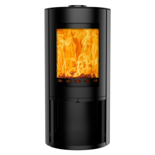 Mi-Fires Rondo with Log Store. 4.9kW - ECODesign 2022 Wood Burning Stove. 77.7% Efficiency, A Energy Rating, Smoke Control Area Exempt at The Stove House Ltd. West Sussex.