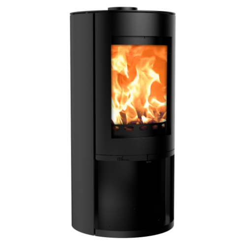 Mi-Fires Rondo with Log Store. 4.9kW - ECODesign 2022 Wood Burning Stove. 77.7% Efficiency, A Energy Rating, Smoke Control Area Exempt at The Stove House Ltd. West Sussex.