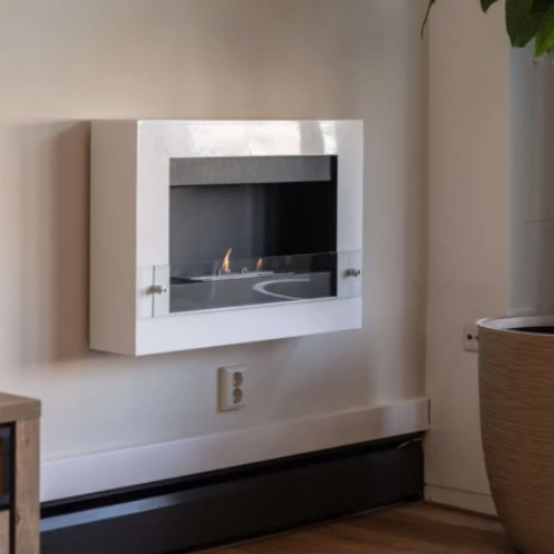 Nebraska White - Wall-Mounted Bioethanol Fireplace. Combines modern design with functionality. No chimney or vent required at The Stove House Ltd., West Sussex