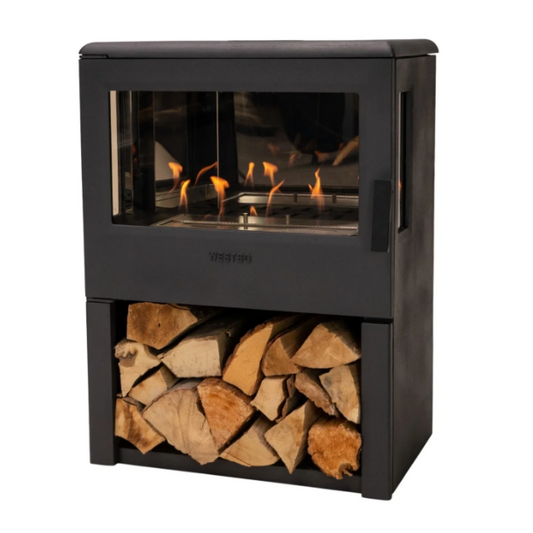 Nobel 75 Freestanding Cast Iron Bioethanol Stove. A modern widescreen freestanding bioethanol fireplace with a 3-sided view of panoramic flames without the need for a chimney, at The Stove House Ltd. West Sussex.