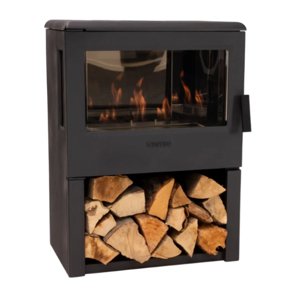 Nobel 75 Freestanding Cast Iron Bioethanol Stove. A modern widescreen freestanding bioethanol fireplace with a 3-sided view of panoramic flames without the need for a chimney, at The Stove House Ltd. West Sussex.