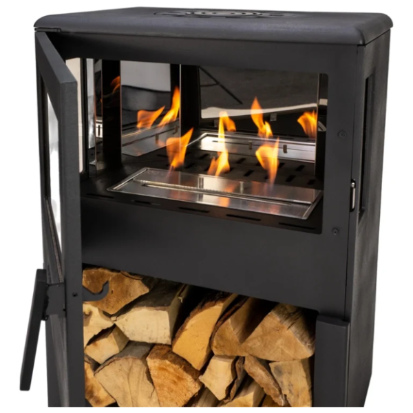 Nobel 75 Freestanding Cast Iron Bioethanol Stove. A modern widescreen freestanding bioethanol fireplace with a 3-sided view of panoramic flames without the need for a chimney, at The Stove House Ltd. West Sussex.