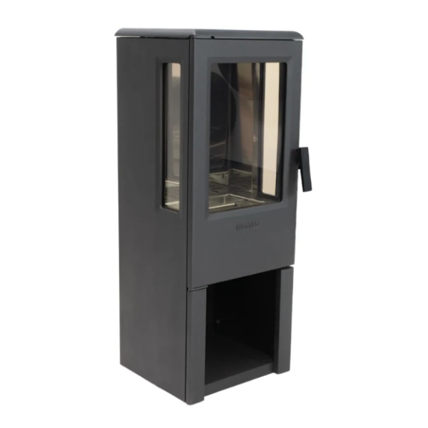 Nobel 90 Black Cast Iron Bioethanol Stove. A modern freestanding bioethanol fireplace with a 3-sided view of panoramic flames without the need for a chimney, at The Stove House Ltd. West Sussex.