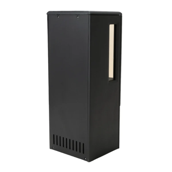 Nobel 90 Black Cast Iron Bioethanol Stove. A modern freestanding bioethanol fireplace with a 3-sided view of panoramic flames without the need for a chimney, at The Stove House Ltd. West Sussex.