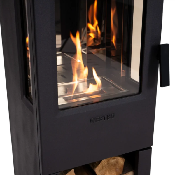 Nobel 90 Black Cast Iron Bioethanol Stove. A modern freestanding bioethanol fireplace with a 3-sided view of panoramic flames without the need for a chimney, at The Stove House Ltd. West Sussex.