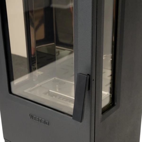 Nobel 90 Black Cast Iron Bioethanol Stove. A modern freestanding bioethanol fireplace with a 3-sided view of panoramic flames without the need for a chimney, at The Stove House Ltd. West Sussex.