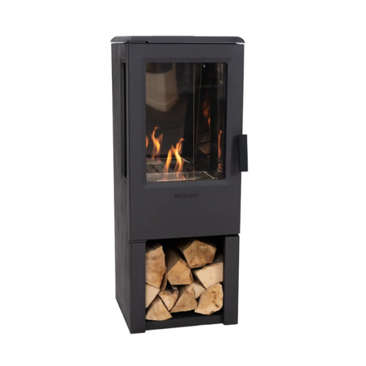 Nobel 90 Black Cast Iron Bioethanol Stove. A modern freestanding bioethanol fireplace with a 3-sided view of panoramic flames without the need for a chimney, at The Stove House Ltd. West Sussex.
