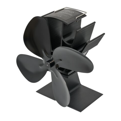 OKO heat-powered stove fan is in black stands at just 199 mm tall. No batteries or external power required, and it circulates the warm air around your room at The Stove House Ltd. West Sussex.
