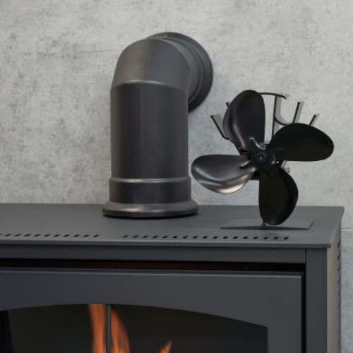 OKO heat-powered stove fan is in black stands at just 199 mm tall. No batteries or external power required, and it circulates the warm air around your room at The Stove House Ltd. West Sussex.