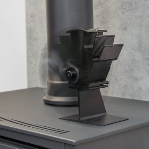 OKO heat-powered stove fan is in black stands at just 199 mm tall. No batteries or external power required, and it circulates the warm air around your room at The Stove House Ltd. West Sussex.