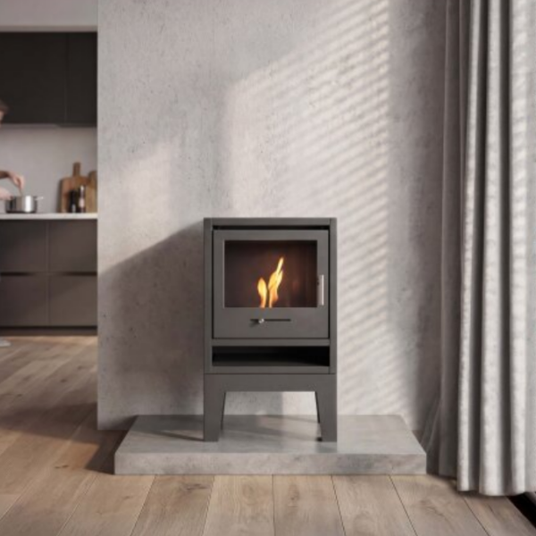 OKO S1 Freestanding Bioethanol Stove with Legs in Charcoal Grey. Requires no flue/chimney at the Stove House Ltd. West Sussex.
