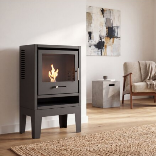 OKO S1 Freestanding Bioethanol Stove with Legs in Charcoal Grey. Requires no flue/chimney at the Stove House Ltd. West Sussex.