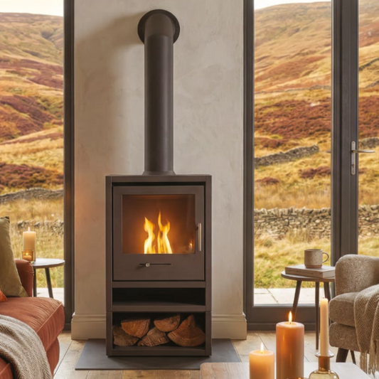 OKO S1 Freestanding Bioethanol Stove with Log Store & Flue Pipe in Charcoal Grey requires no flue/chimney at the Stove House Ltd. West Sussex.