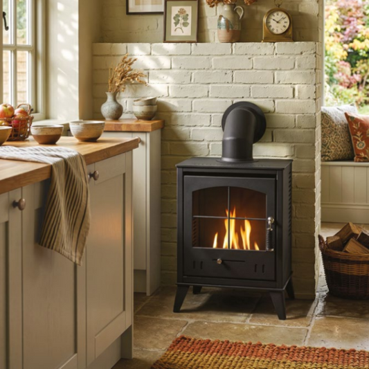 OKO S2 Freestanding Bioethanol Stove in Charcoal grey requires no flue/chimney at The Stove House Ltd. West Sussex.
