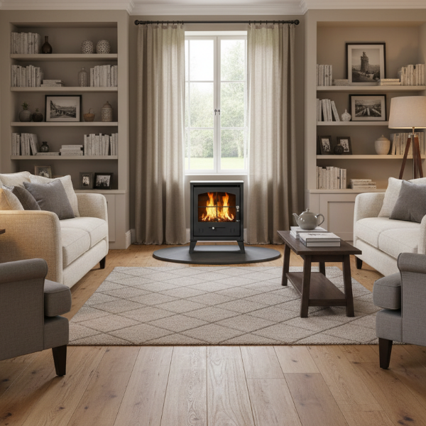 OKO S2 Freestanding Bioethanol Stove in Charcoal grey requires no flue/chimney at The Stove House Ltd. West Sussex.