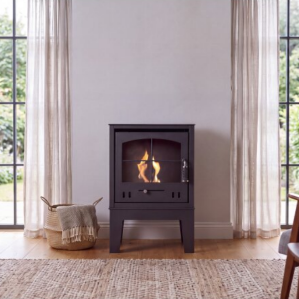 OKO S2 Freestanding Bioethanol Stove with Legs in Charcoal grey. Requires no flue/chimney at the Stove House Ltd. West Sussex.