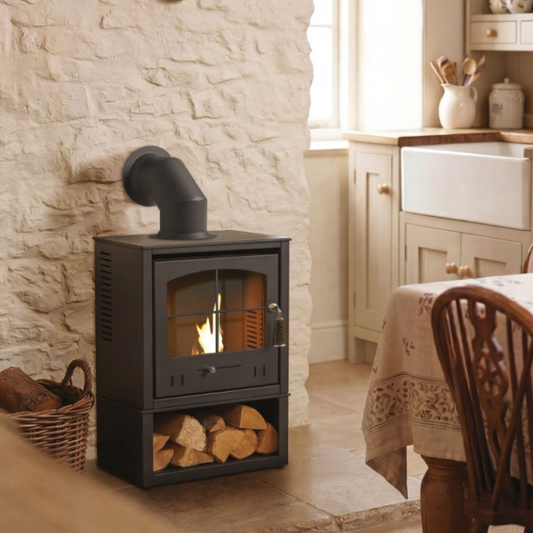 OKO S2 Freestanding Bioethanol Stove with Log Store and Flue Pipe in Charcoal grey requires no flue/chimney at the Stove House Ltd. West Sussex.