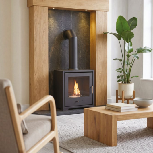 OKO S3  BIOETHANOL STOVE. A medium bioethanol flueless fire produces up to 3kW of heat output. Pipe, log store, and hearth options available at The Stove House Ltd. West Sussex.