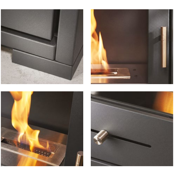 OKO S3  BIOETHANOL STOVE. A medium bioethanol flueless fire produces up to 3kW of heat output. Pipe, log store, and hearth options available at The Stove House Ltd. West Sussex.